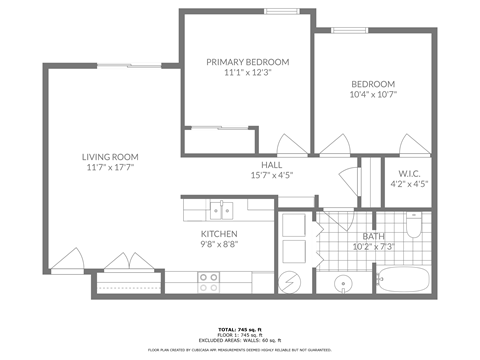 A floor plan of a house with a living room, kitchen, two bedrooms, a bathroom, and a hallway.